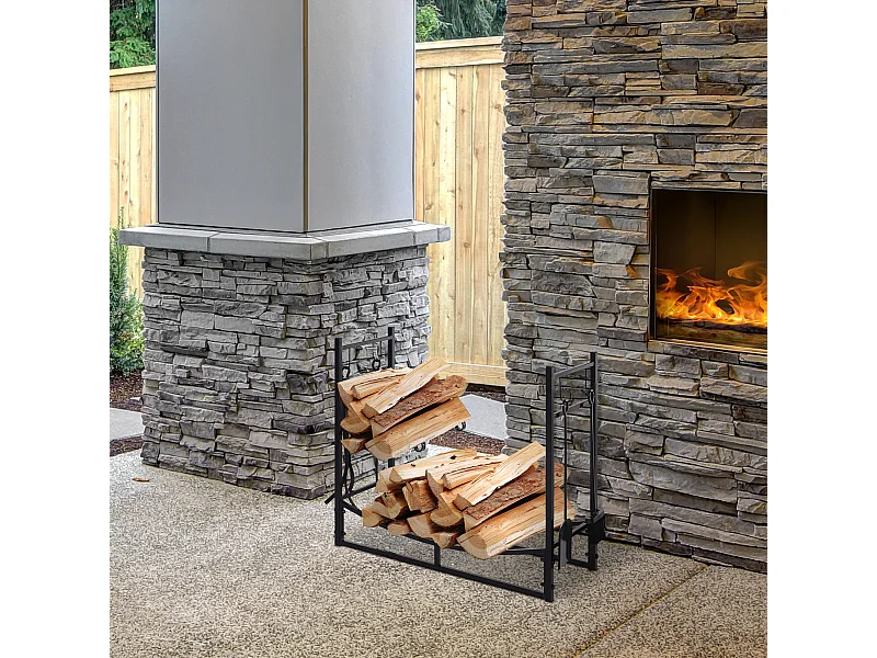 Serviteur de cheminée - porte bûches - range bûches multi accessoires étagère bûche et petit bois métal noir