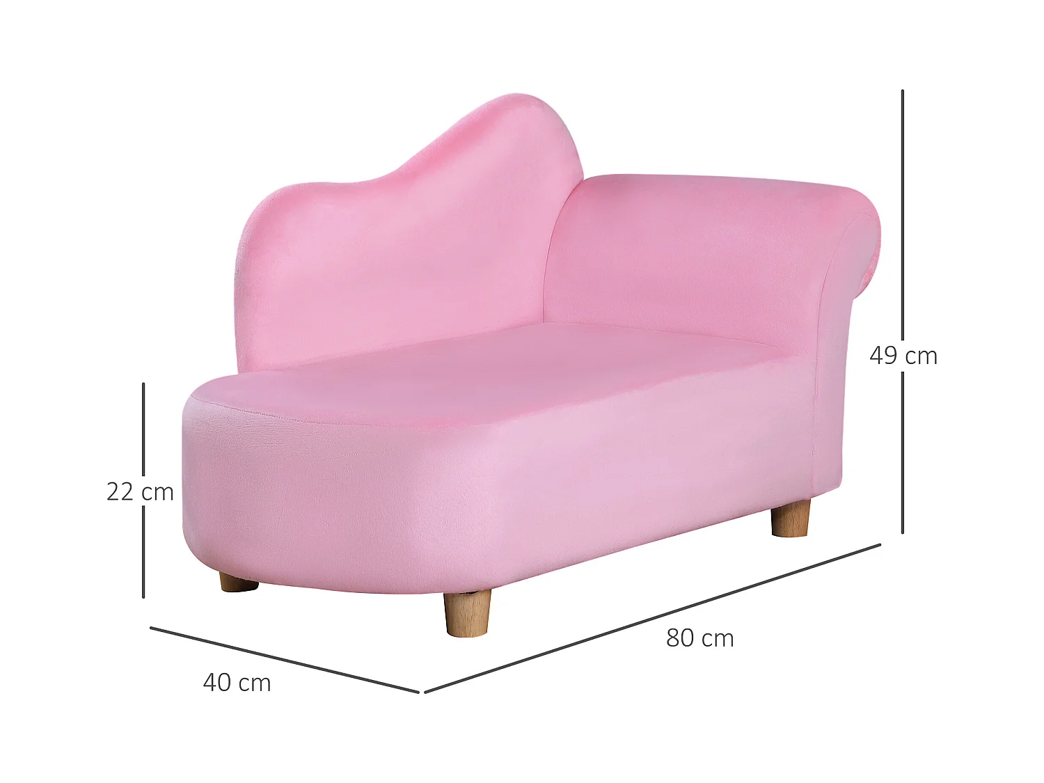 Méridienne canapé enfant design girly piètement bois revêtement grande douceur toucher velours rose