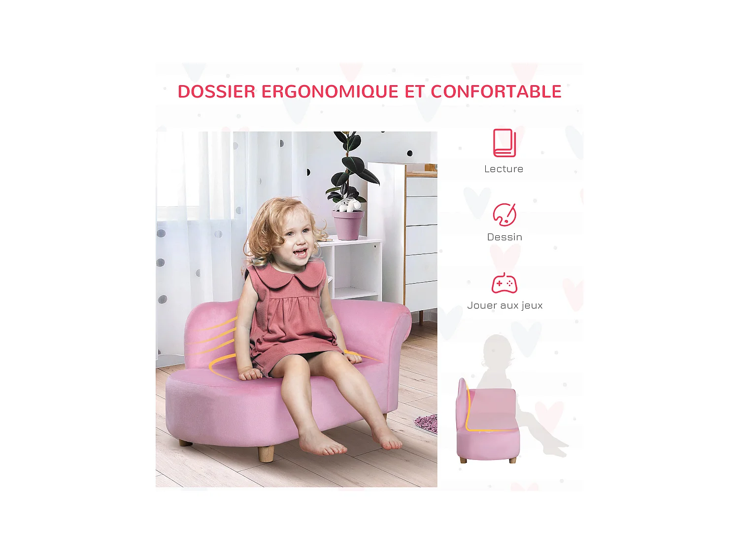Méridienne canapé enfant design girly piètement bois revêtement grande douceur toucher velours rose