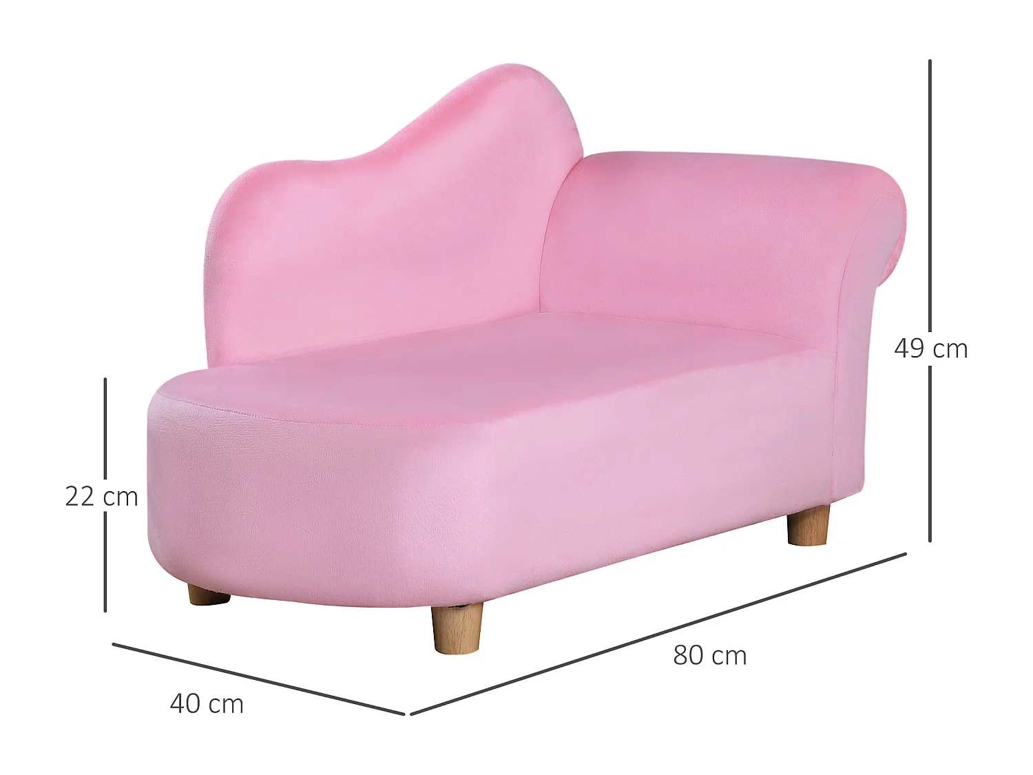 Méridienne canapé enfant design girly piètement bois revêtement grande douceur toucher velours rose