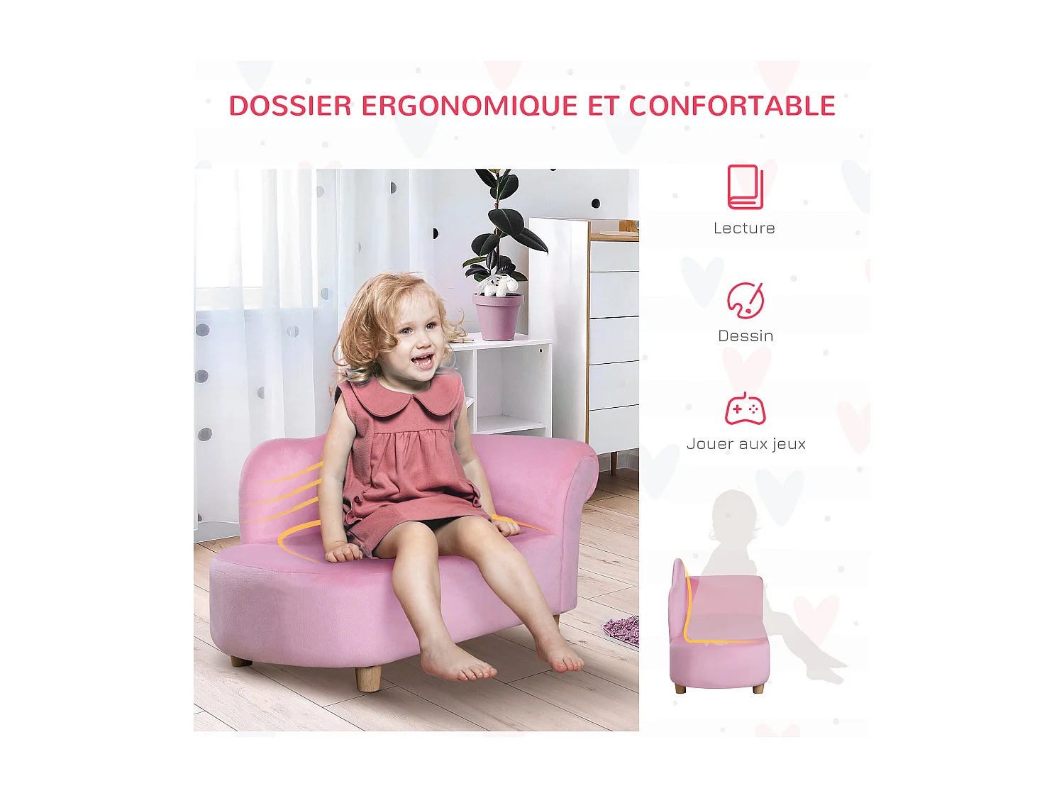 Méridienne canapé enfant design girly piètement bois revêtement grande douceur toucher velours rose