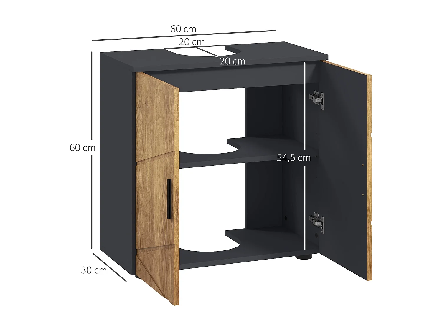Meuble sous-vasque - 2 portes, étagère - dim. 60L x 30l x 60H cm - anthracite aspect bois