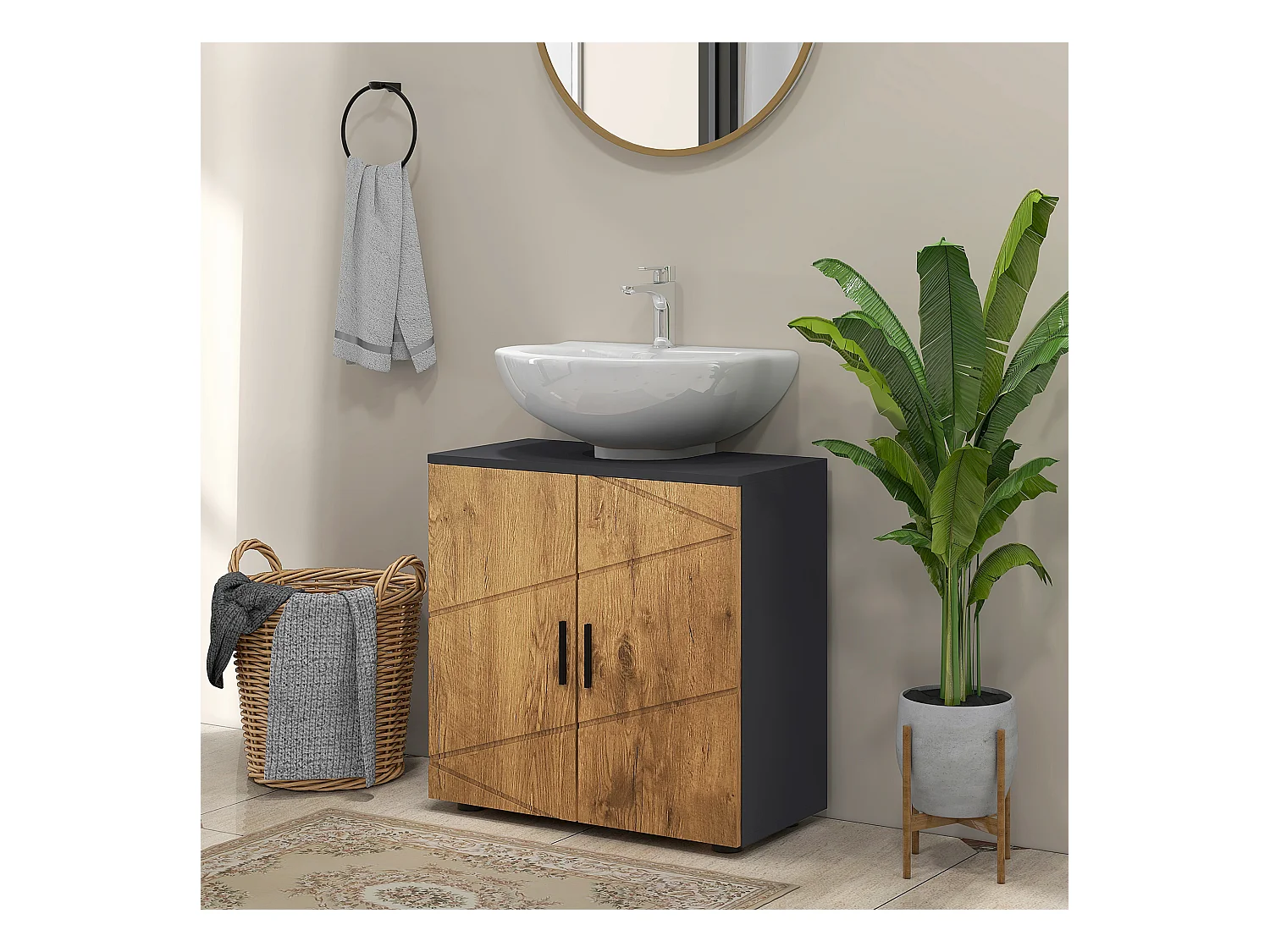 Meuble sous-vasque - 2 portes, étagère - dim. 60L x 30l x 60H cm - anthracite aspect bois