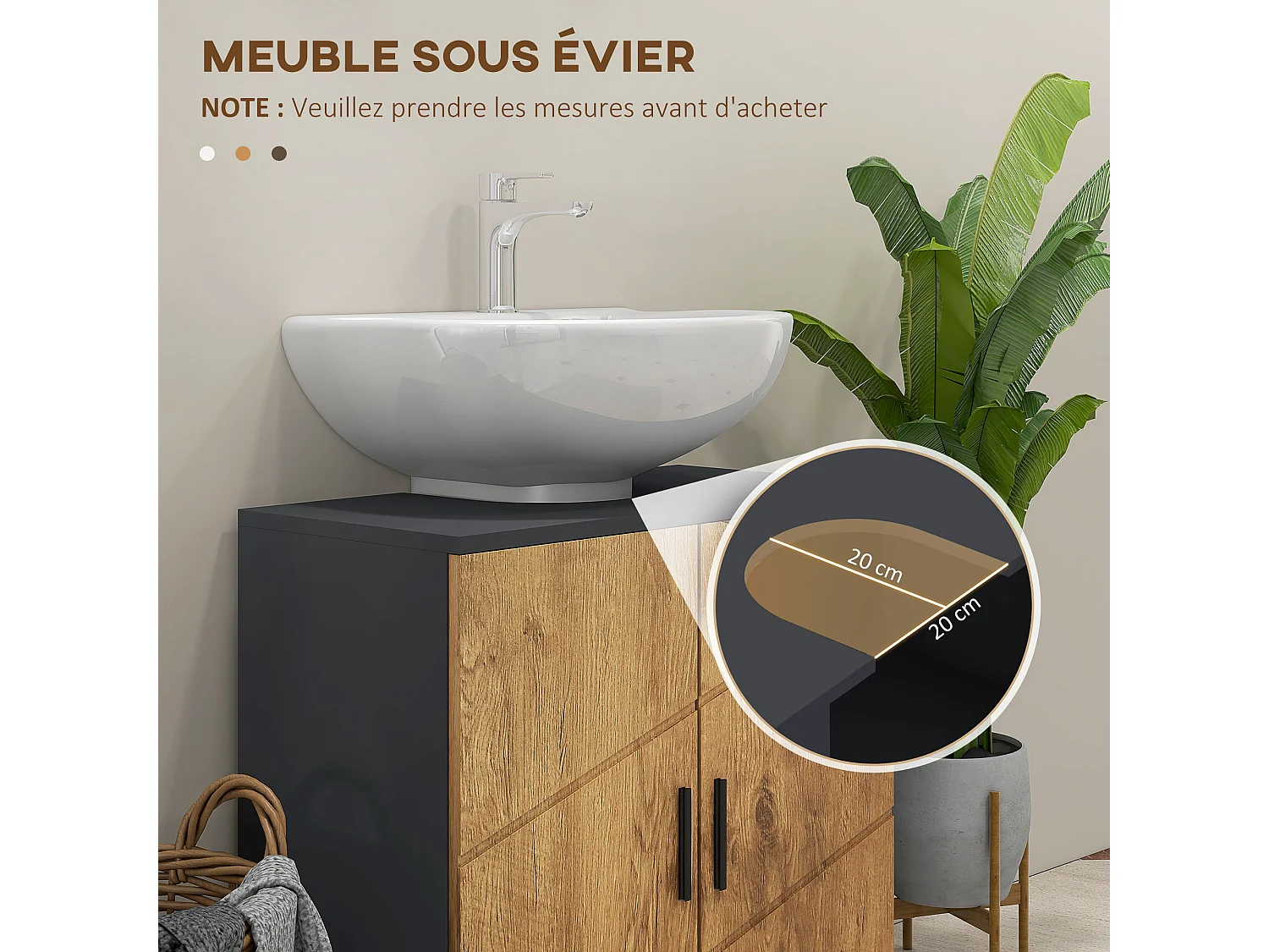 Meuble sous-vasque - 2 portes, étagère - dim. 60L x 30l x 60H cm - anthracite aspect bois