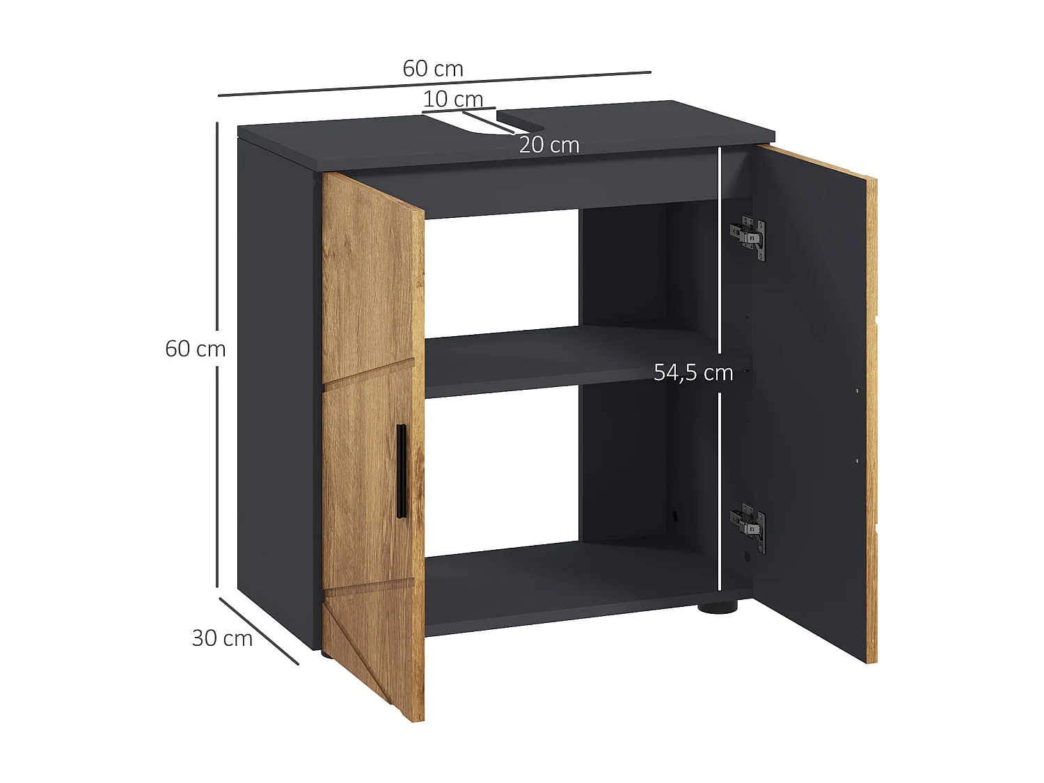 Meuble sous-vasque - 2 portes, étagère - dim. 60L x 30l x 60H cm - anthracite aspect bois