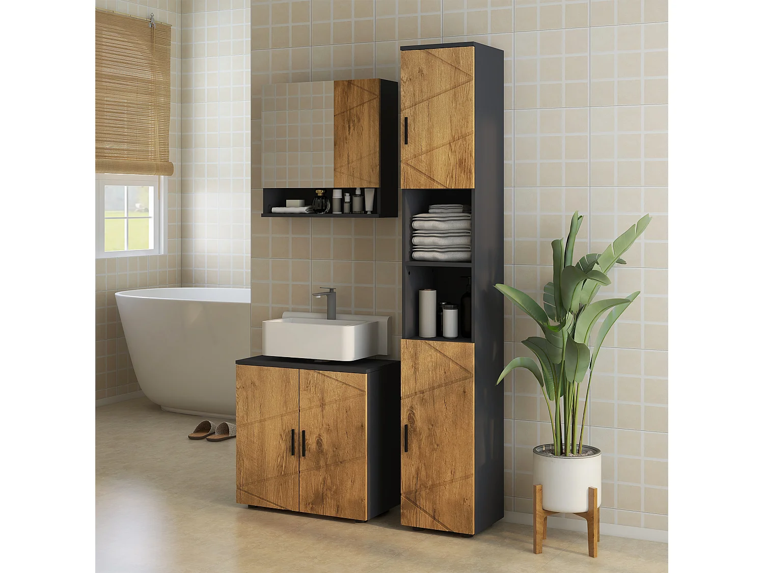 Meuble sous-vasque - 2 portes, étagère - dim. 60L x 30l x 60H cm - anthracite aspect bois