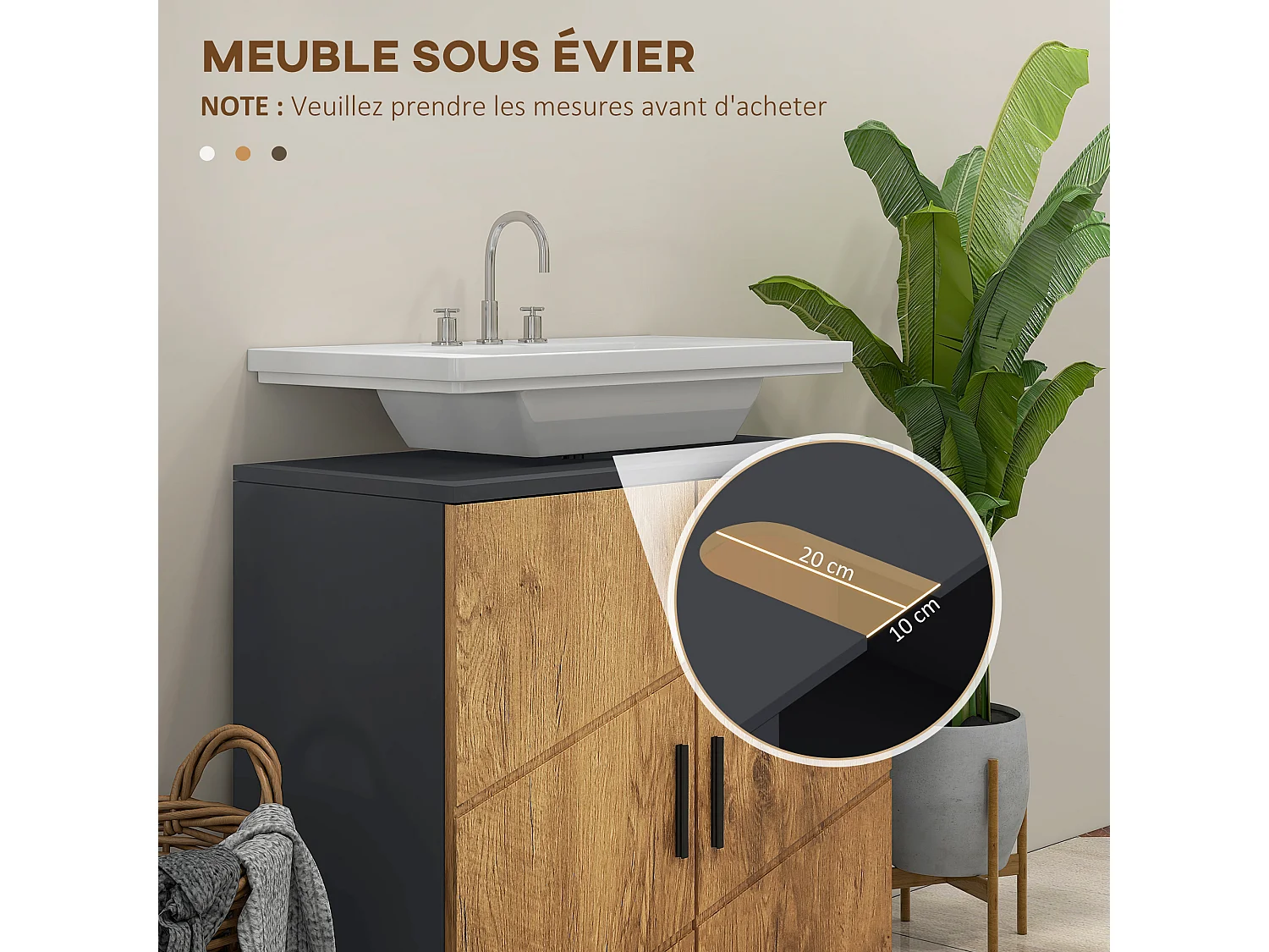 Meuble sous-vasque - 2 portes, étagère - dim. 60L x 30l x 60H cm - anthracite aspect bois