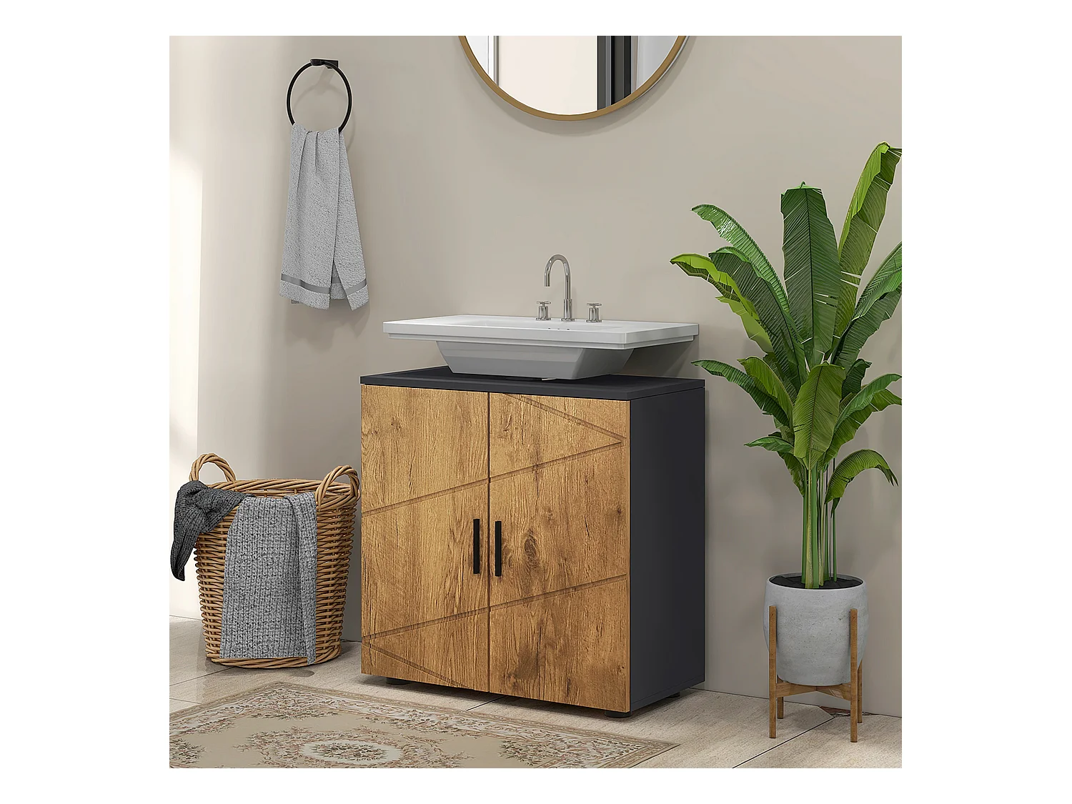 Meuble sous-vasque - 2 portes, étagère - dim. 60L x 30l x 60H cm - anthracite aspect bois