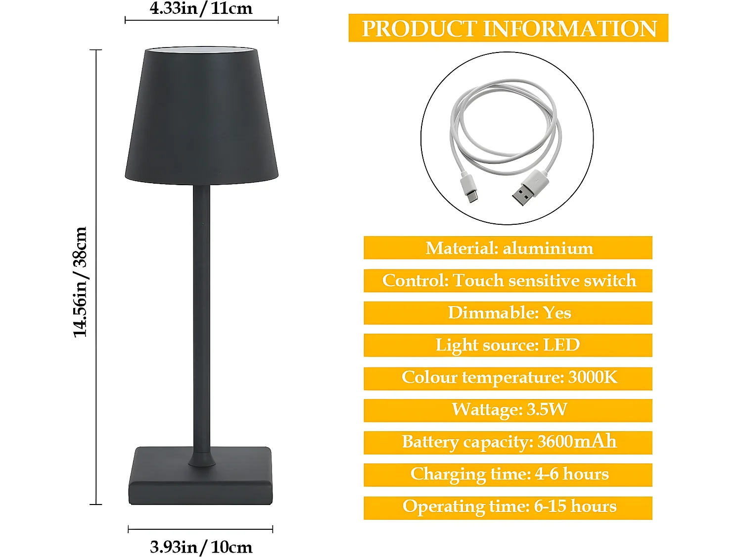 Wiederaufladbare LED-Lampe - Schwarz - 38*10*10 cm - kabellos - IP54