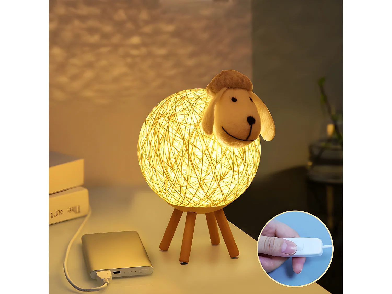 Veilleuse lampe à lampe en rotin, 15*15*24cm, pour chambre chambre d'enfant, usb