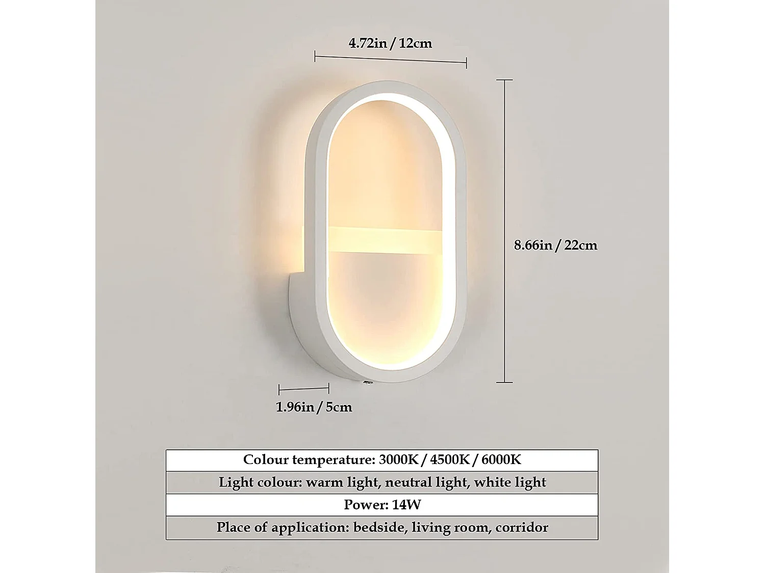 Moderne moderne LED-wandlamp OVAL, WIT, 16W, 3000K-6000K Verstelbare 3 kleuren
