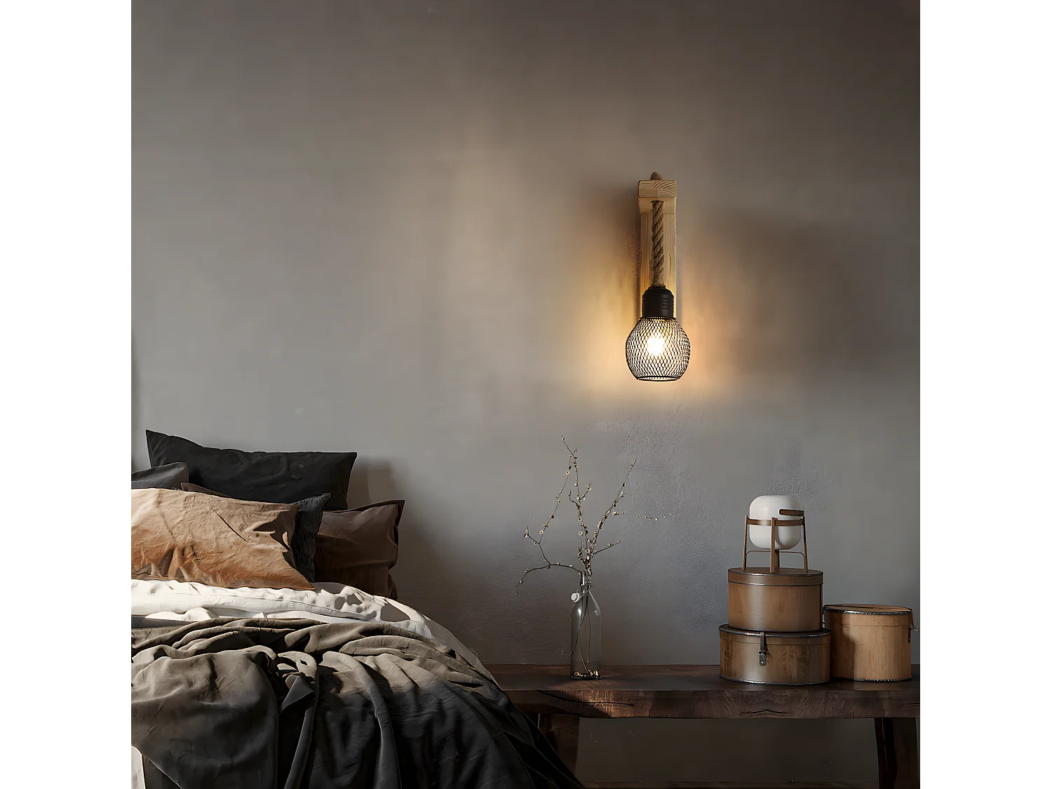 Applique murale industrielle en cage, noir brun, 19*8cm, en bois métal, sans ampoule E27