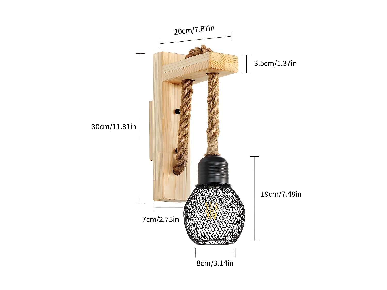 Applique murale industrielle en cage, noir brun, 19*8cm, en bois métal, sans ampoule E27