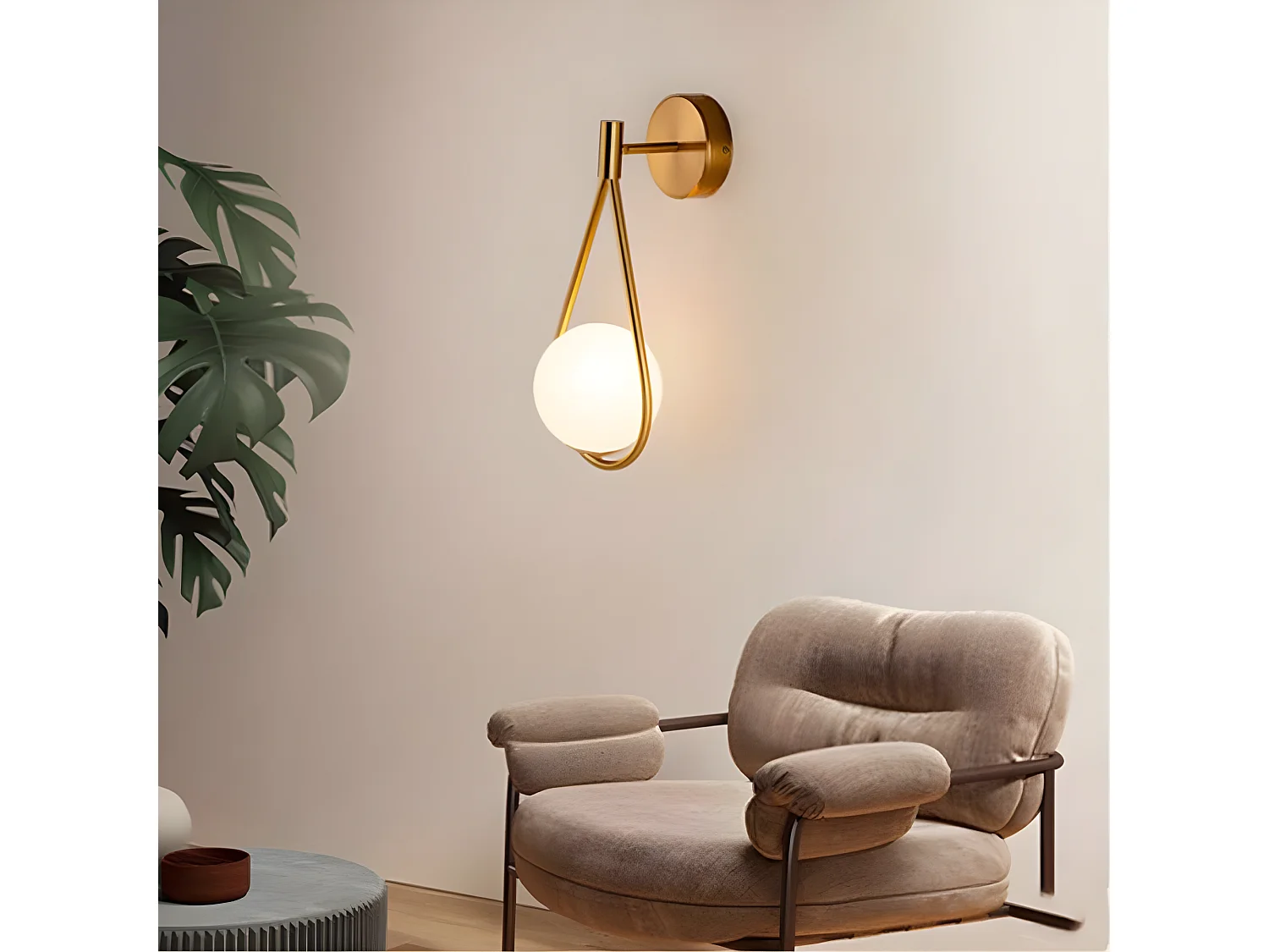 Applique murale industriel boule ronde , or et blanc, 21*45cm, sans ampoule E27