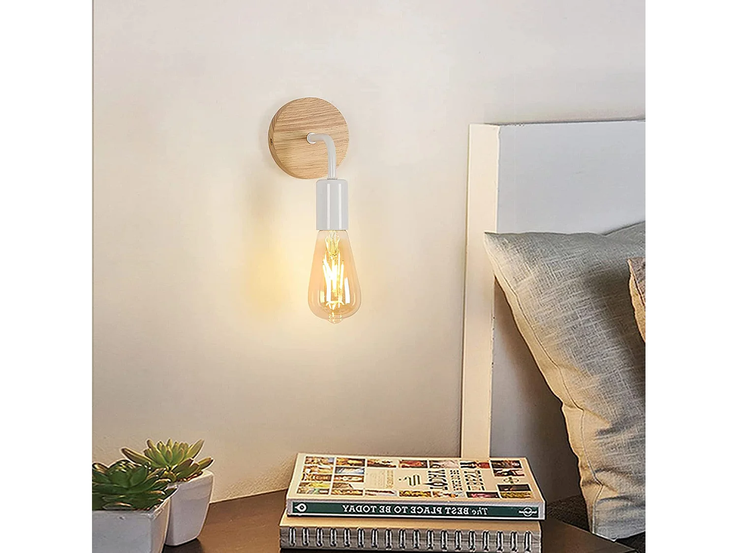 Applique murale intérieur industrielle 2 pcs, blanc, en bois et fer, sans ampoule E27