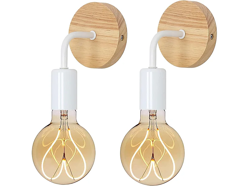 Applique murale intérieur industrielle 2 pcs, blanc, en bois et fer, sans ampoule E27