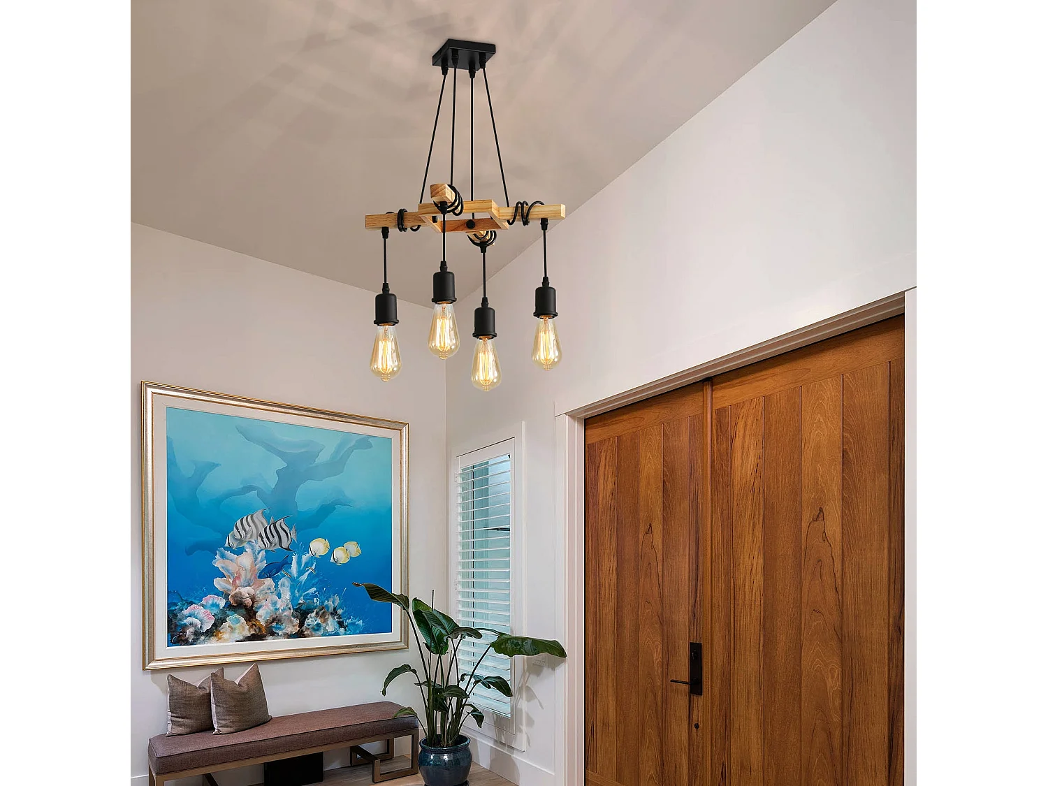 Suspension lustre vintage - brun - 41.5*41.5*115cm - en bois et fer - sans ampoule E27