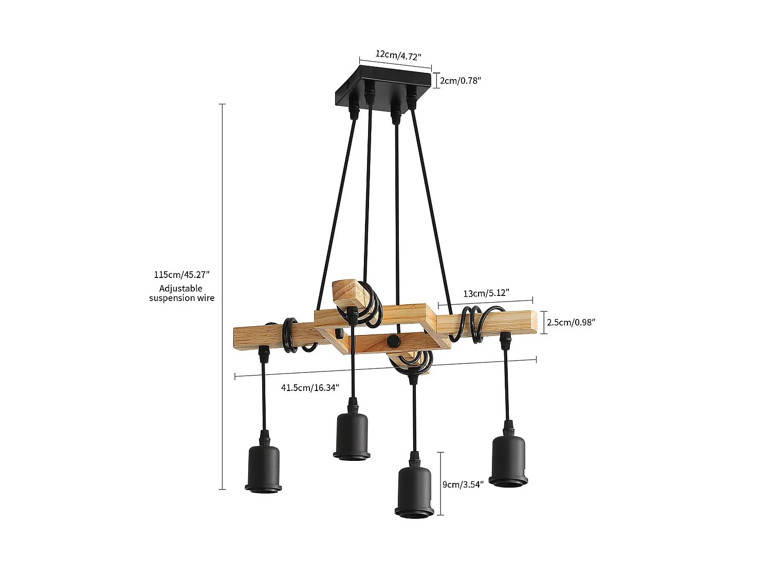 Suspension lustre vintage - brun - 41.5*41.5*115cm - en bois et fer - sans ampoule E27