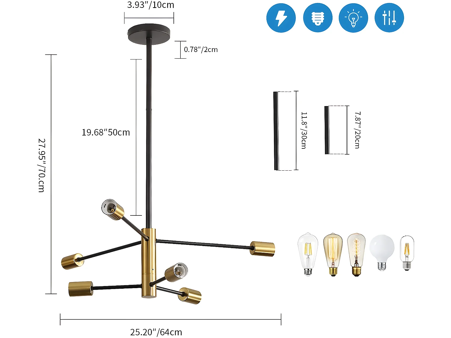 Suspension lustre vintage 6 têtes - noir - 73*73*71 - en fer - sans ampoule E27