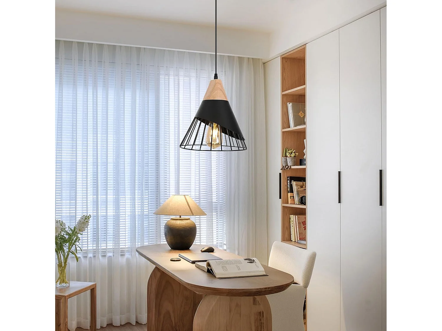 Lámpara colgante de araña vintage - negro - 25 * 25 * 30 cm - madera y hierro - sin bombilla