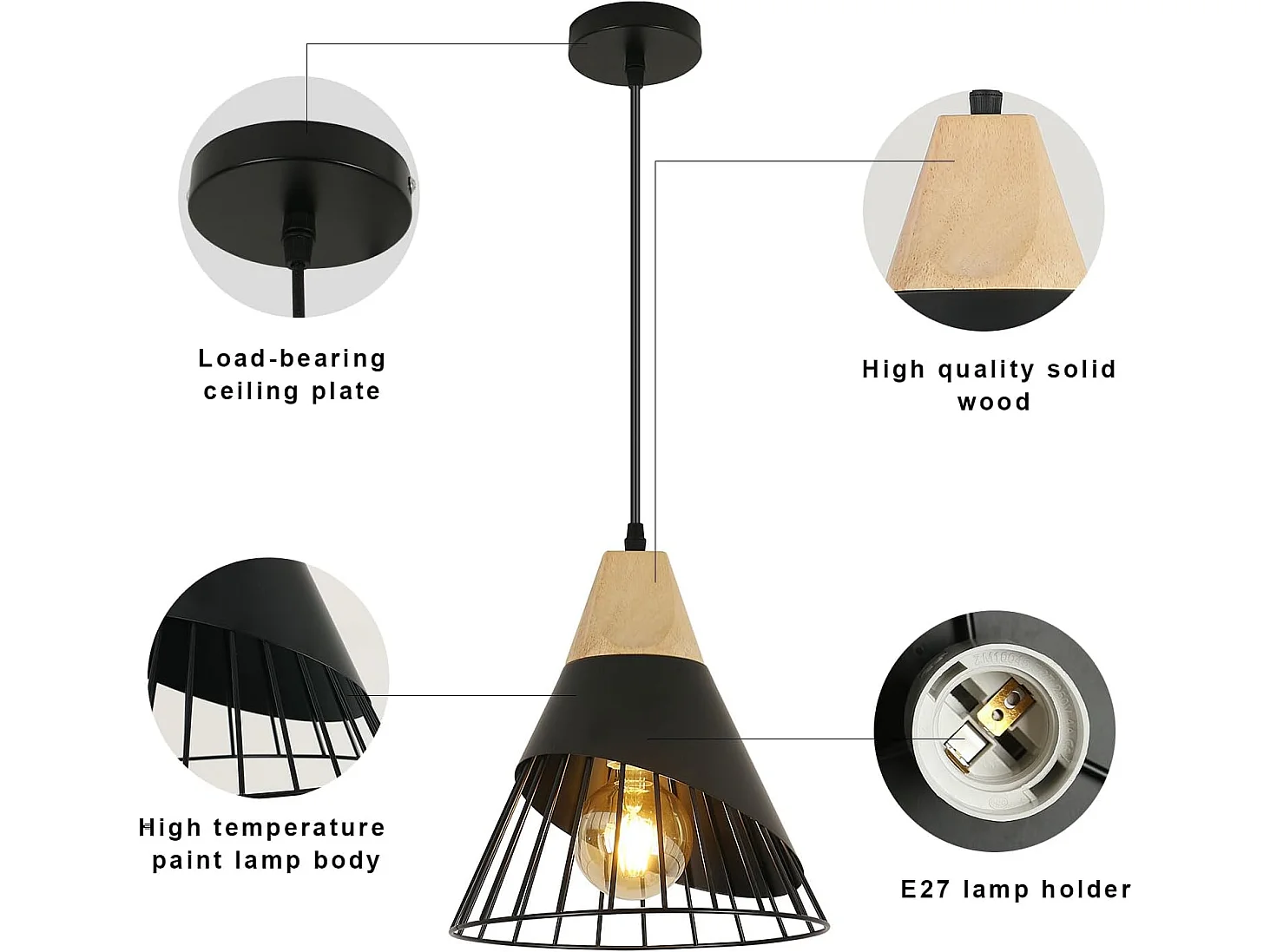 Lámpara colgante de araña vintage - negro - 25 * 25 * 30 cm - madera y hierro - sin bombilla