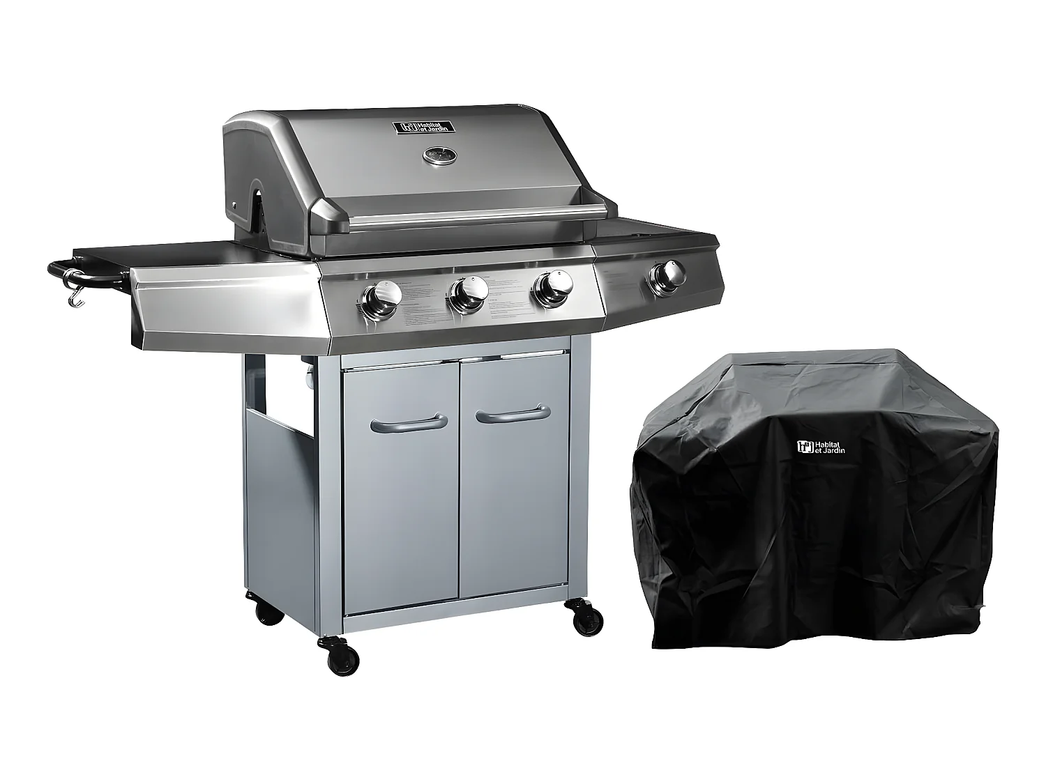 Gasgrill "Bingo 4" - 4 Brenner davon 1 Seitenbrenner - 14 kW + Schutzhülle - Silberfarben