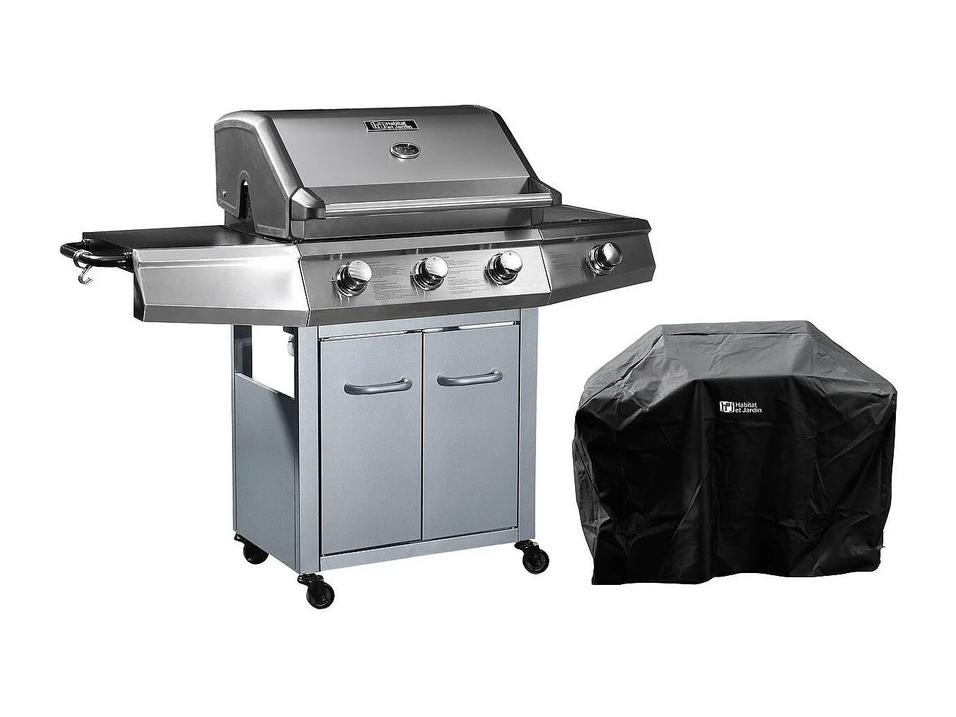 Barbecue a Gas "Bingo 4" - 4 piastre di cui 1 laterale  - 14kW + Fodera di protezione- Argento