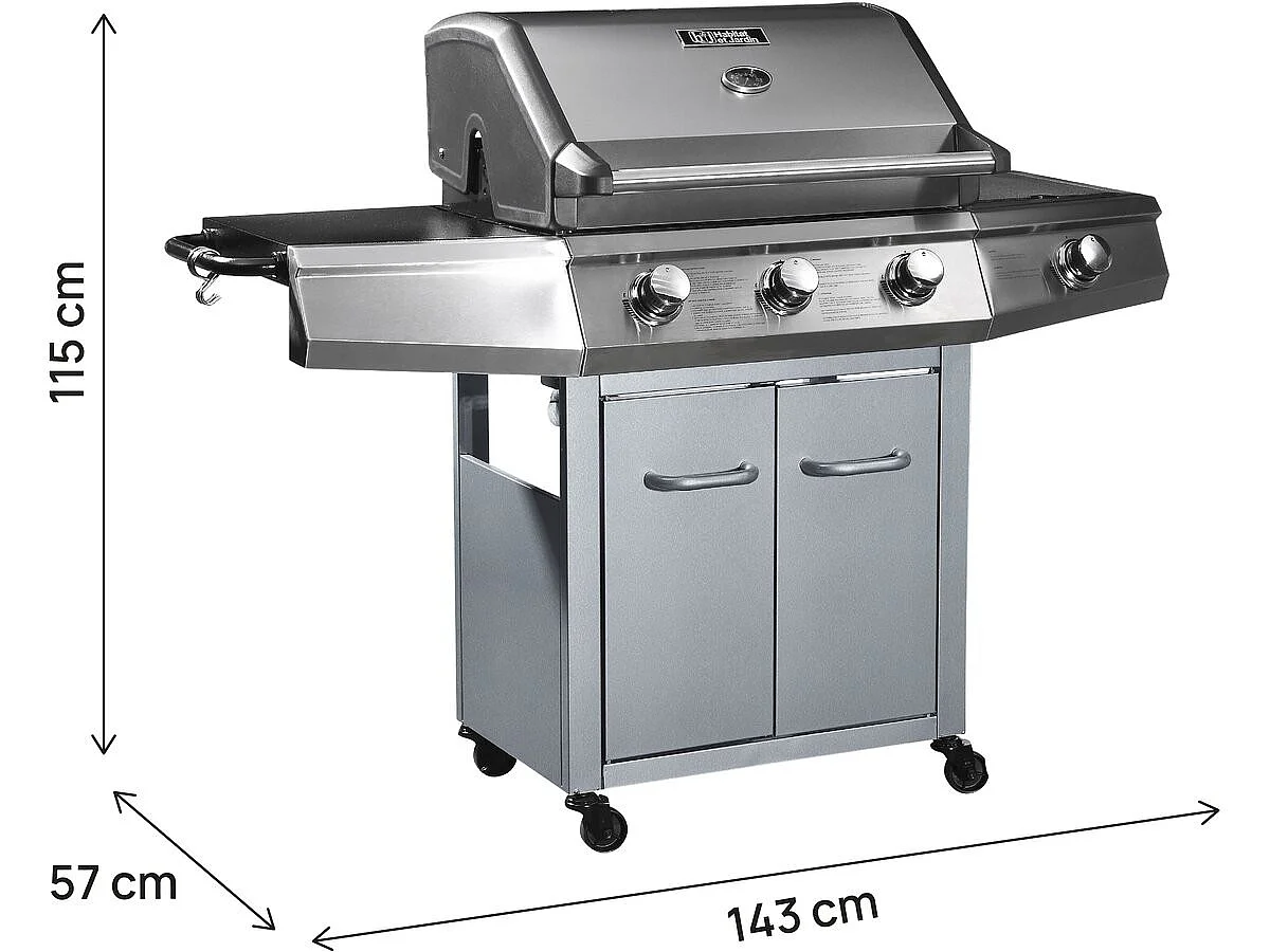 Barbacoa a gas "Bingo 4" - 4 quemadores (1 lateral) - 14kW + Funda de protección- Plateado