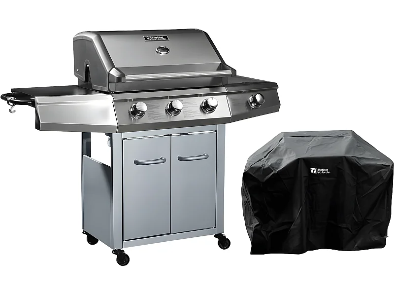Barbecue Gaz "Bingo 4" - 4 brûleurs dont 1 latéral - 14kW + Housse protection - Argenté