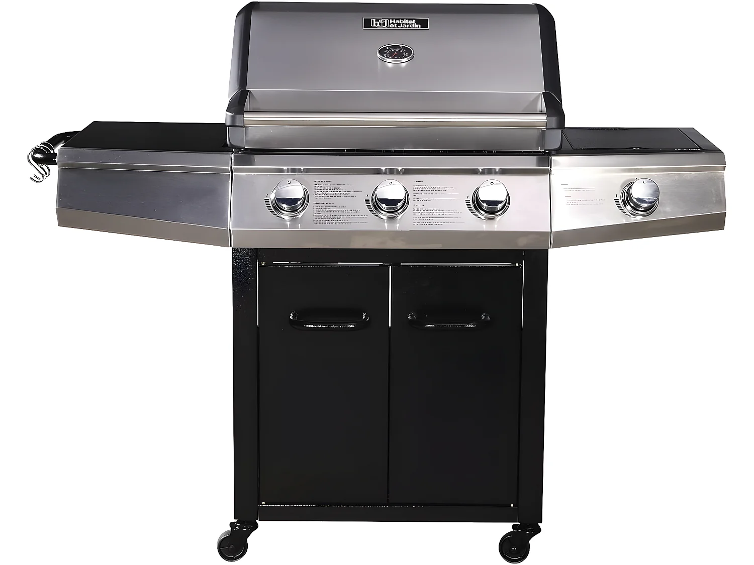 Gasgrill mit LED "Bingo 4" - 4 Brenner davon 1 Seitenbrenner - 14 kW + Schutzhülle - Schwarz