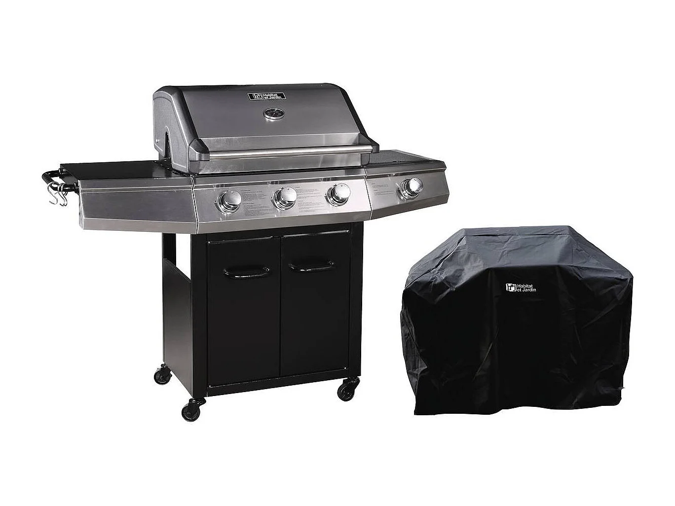 Gas BBQ gasbarbecue barbecue met led "Bingo 4" - 4 branders waarvan 1 zijbrander - 14 kW + beschermhoes - Zwart