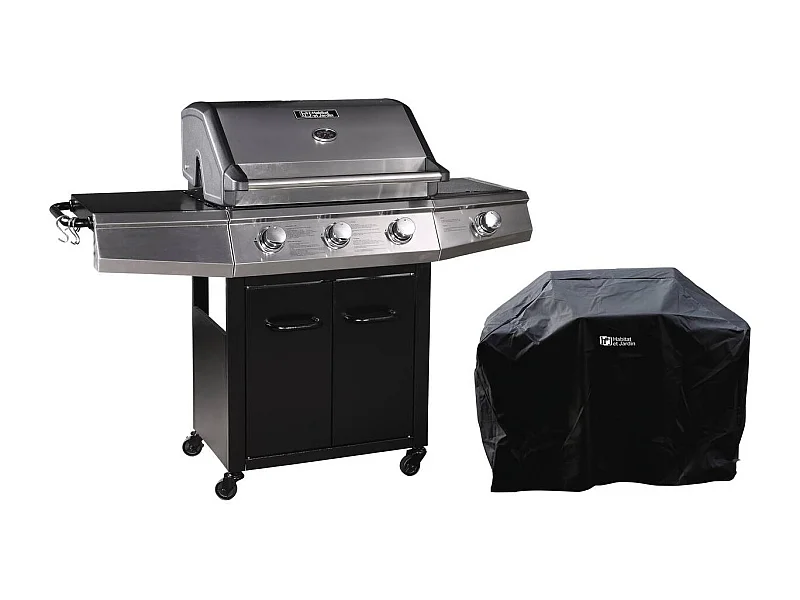 Gas BBQ gasbarbecue barbecue met led "Bingo 4" - 4 branders waarvan 1 zijbrander - 14 kW + beschermhoes - Zwart