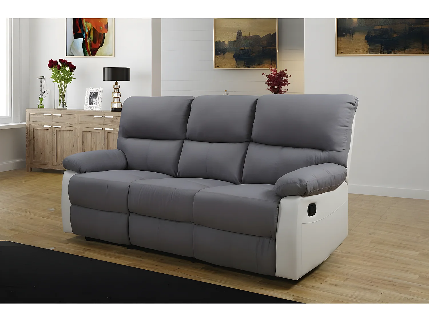 Sofá relax "Lincoln" para 3 pessoas, reclinável com enchimento de espuma e poliéster - Branco/Cinza claro