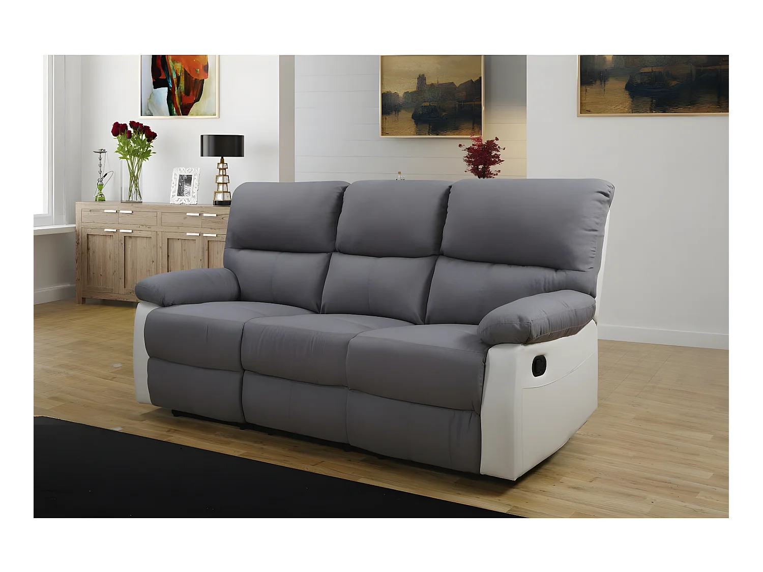Canapé relax "Lincoln" - 197 x 89 x 103 cm - 3 places - Blanc / Gris clair