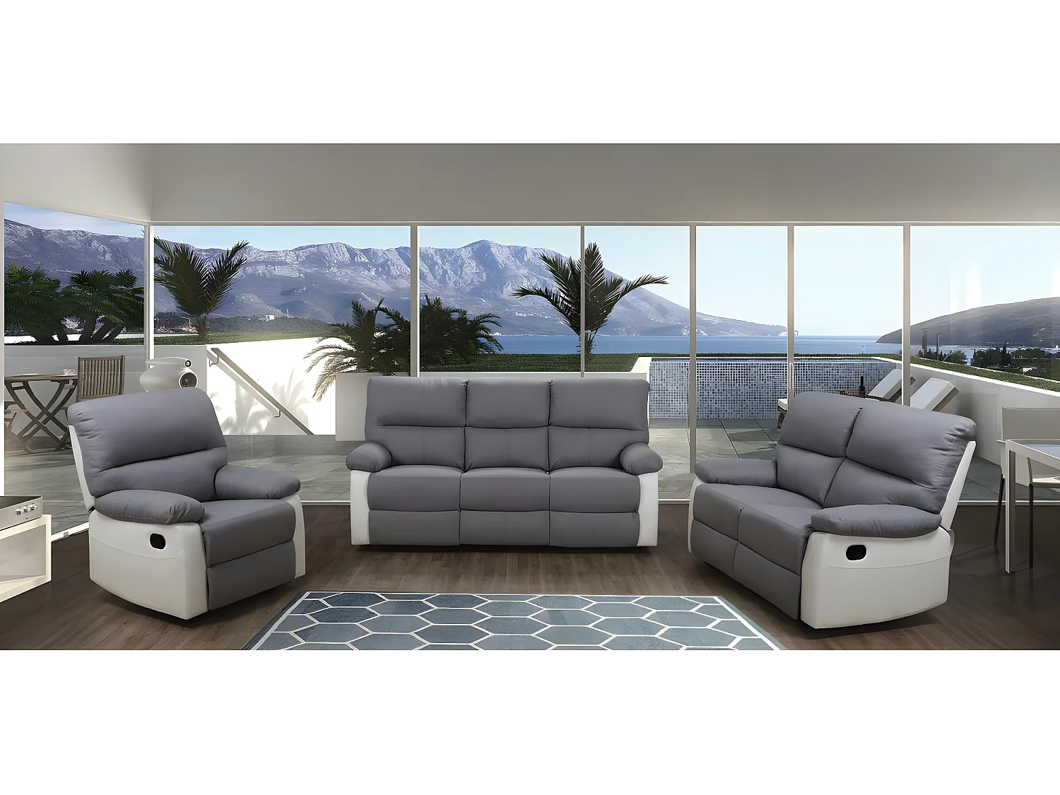 Canapé relax "Lincoln" - 197 x 89 x 103 cm - 3 places - Blanc / Gris clair