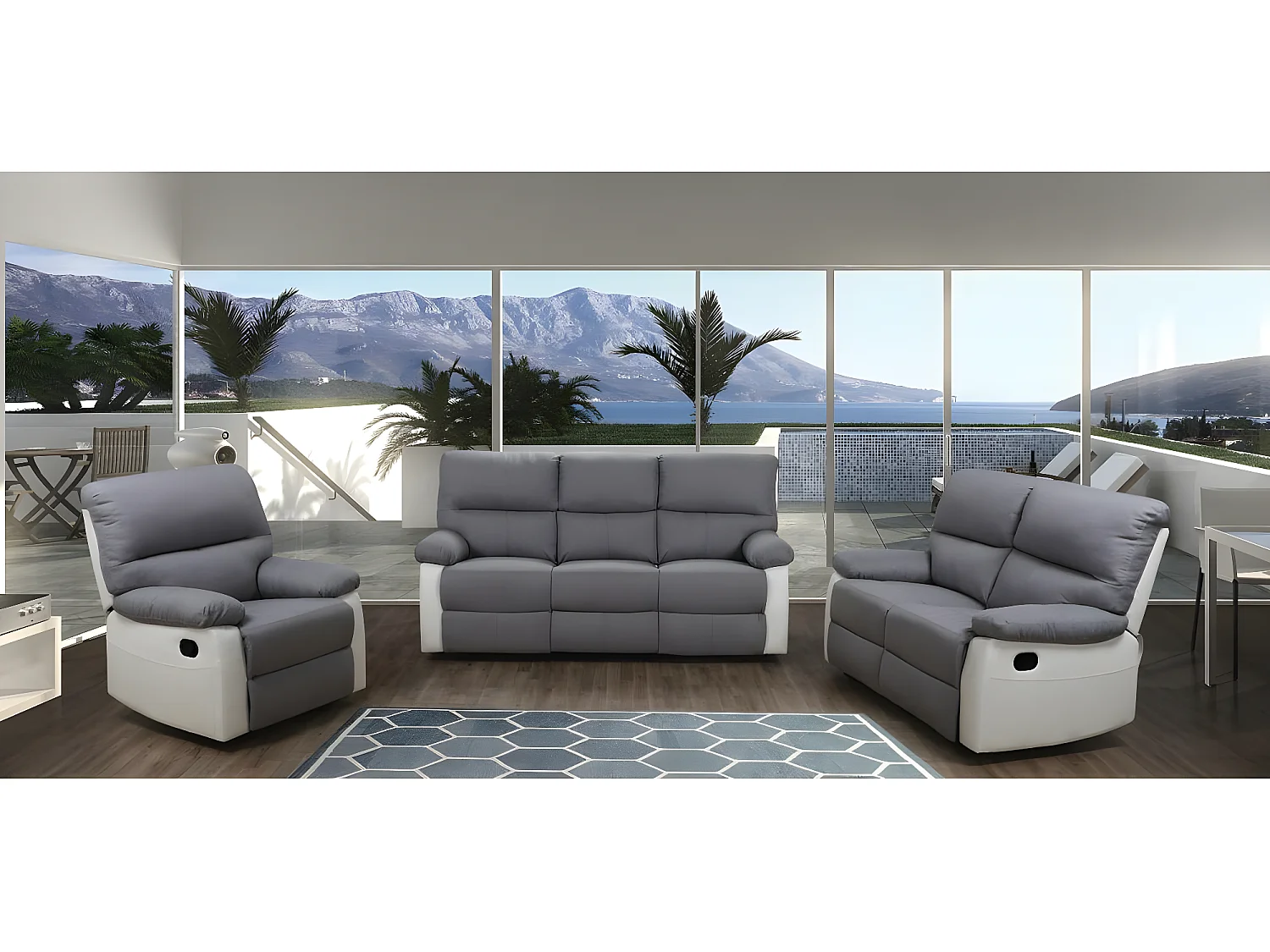 Canapé relax "Lincoln" - 197 x 89 x 103 cm - 3 places - Blanc / Gris clair