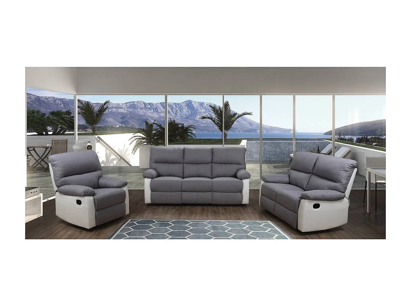 Canapé relax "Lincoln" - 197 x 89 x 103 cm - 3 places - Blanc / Gris clair