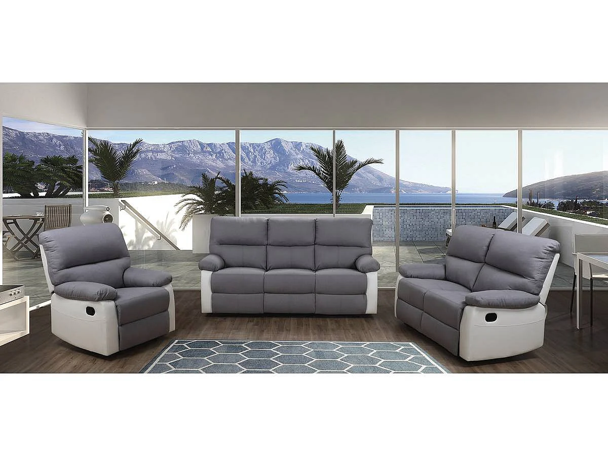 Sofá relax "Lincoln" - 197 x 89 x 103 cm - 3 lugares - Branco / Cinza claro