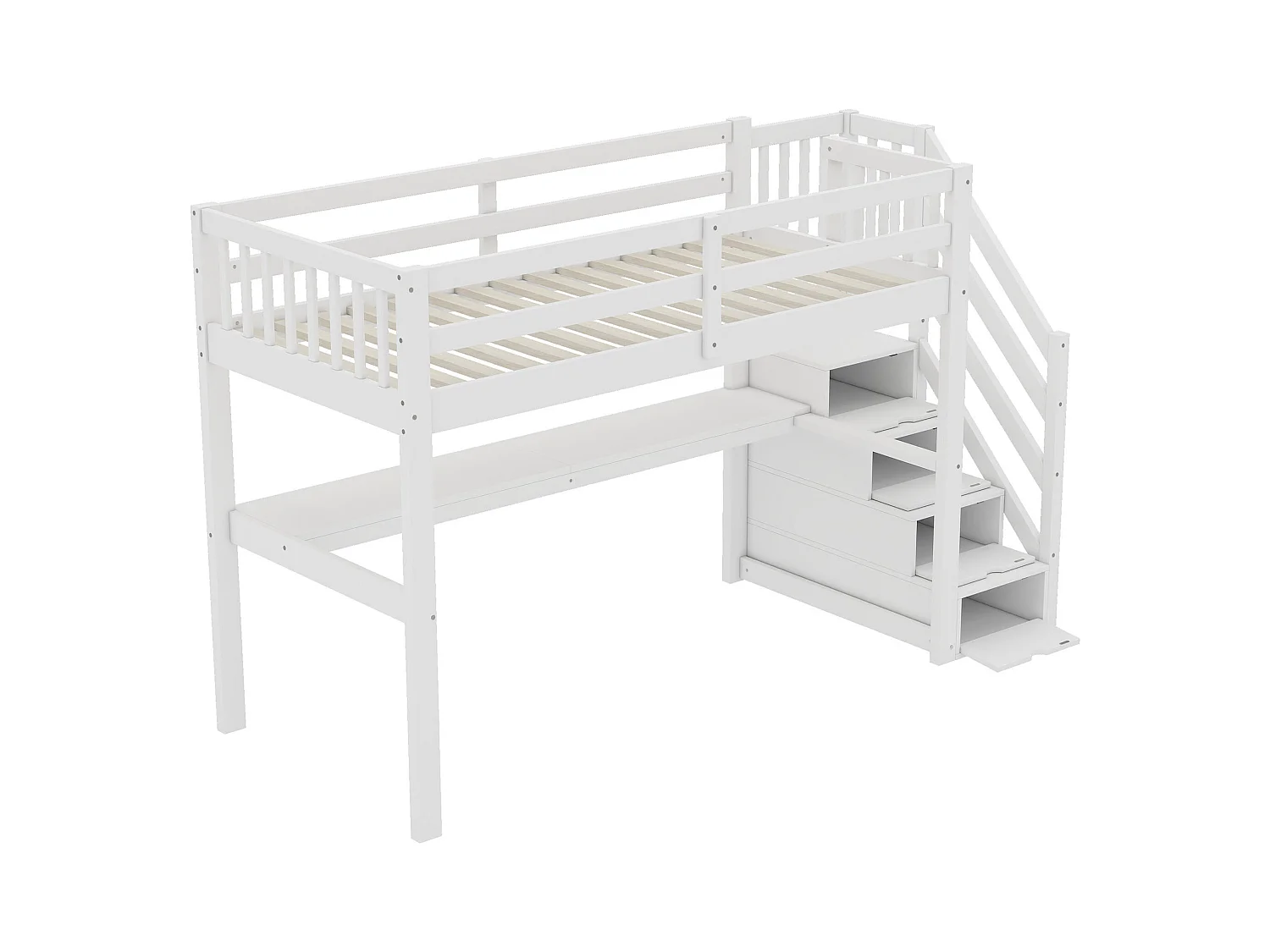 Lit mezzanine en bois de pin - 90x200cm - avec escalier de rangement et bureau - avec sommier à lattes - Blanc