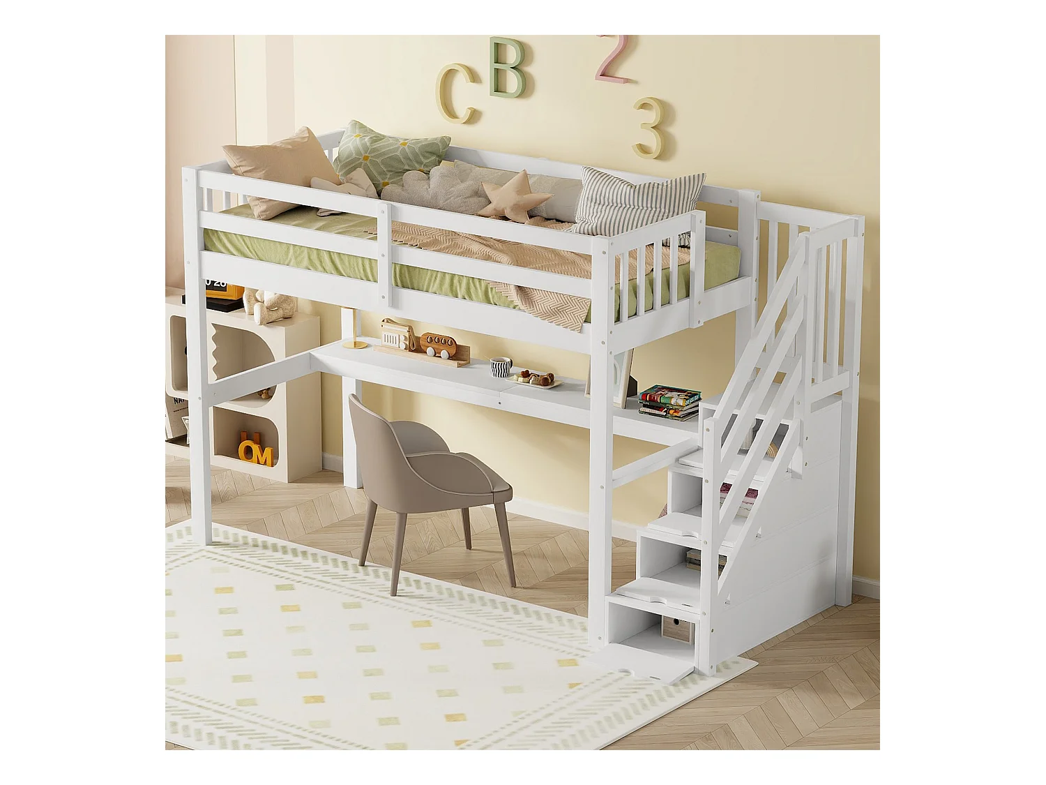 Lit mezzanine en bois de pin - 90x200cm - avec escalier de rangement et bureau - avec sommier à lattes - Blanc