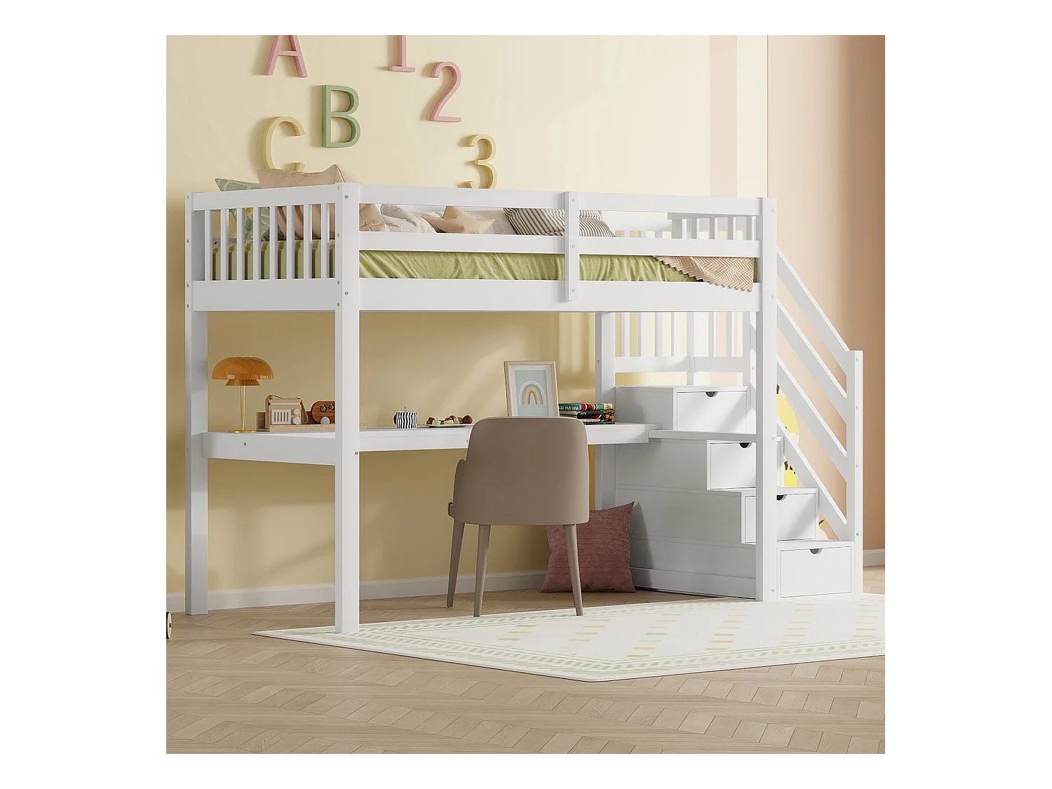 Lit mezzanine en bois de pin - 90x200cm - avec escalier de rangement et bureau - avec sommier à lattes - Blanc