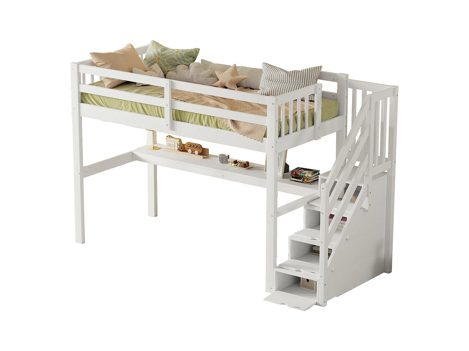 Lit mezzanine en bois de pin - 90x200cm - avec escalier de rangement et bureau - avec sommier à lattes - Blanc