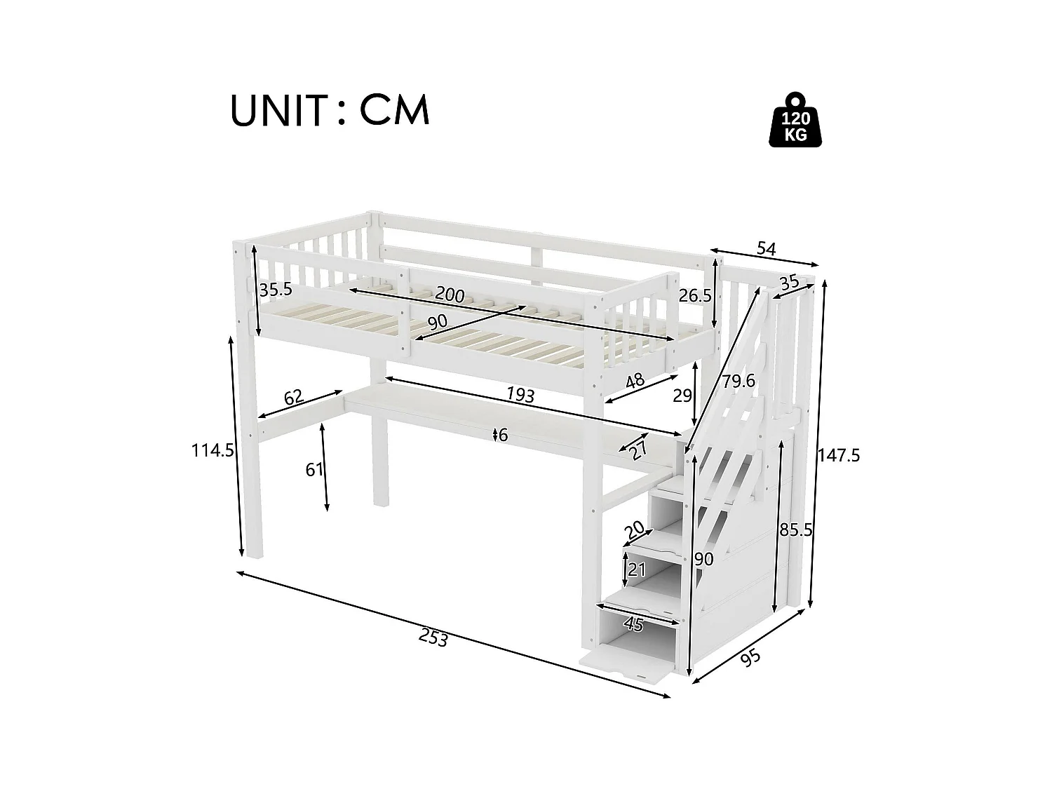 Lit mezzanine en bois de pin - 90x200cm - avec escalier de rangement et bureau - avec sommier à lattes - Blanc