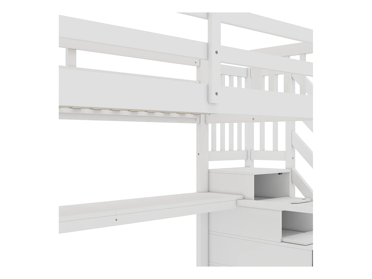 Lit mezzanine en bois de pin - 90x200cm - avec escalier de rangement et bureau - avec sommier à lattes - Blanc