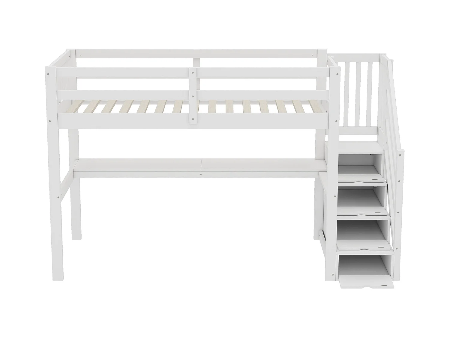 Lit mezzanine en bois de pin - 90x200cm - avec escalier de rangement et bureau - avec sommier à lattes - Blanc