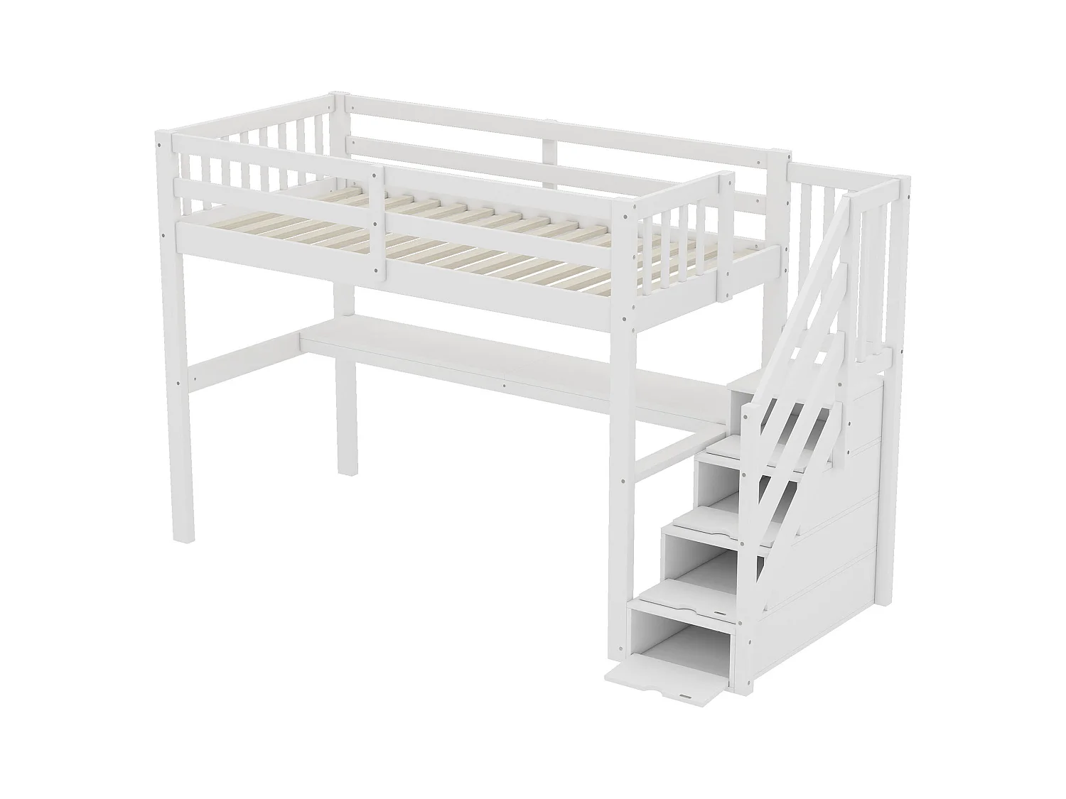 Lit mezzanine en bois de pin - 90x200cm - avec escalier de rangement et bureau - avec sommier à lattes - Blanc