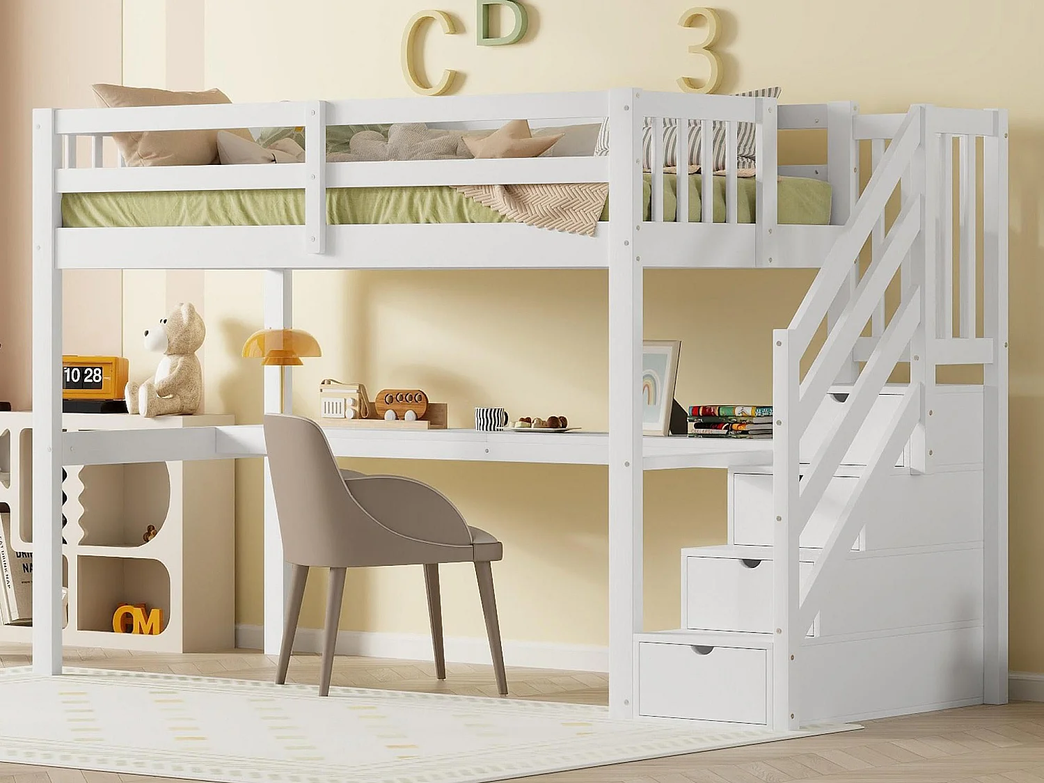 Lit mezzanine en bois de pin - 90x200cm - avec escalier de rangement et bureau - avec sommier à lattes - Blanc