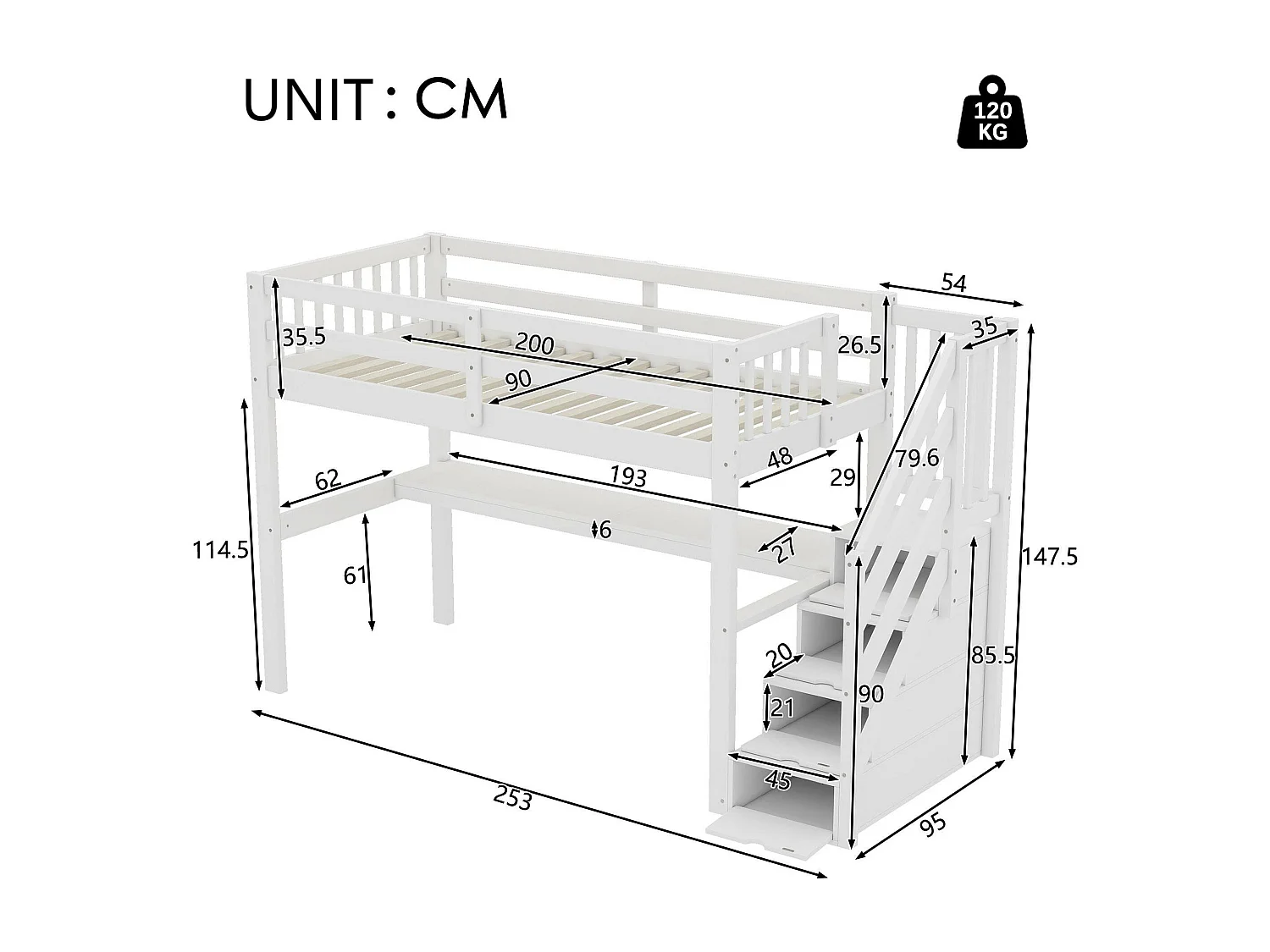 Lit mezzanine en bois de pin - 90x200cm - avec escalier de rangement et bureau - avec sommier à lattes - Blanc