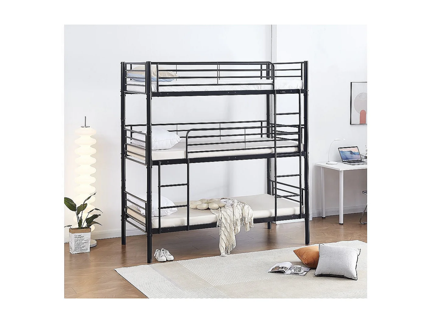 Lit superposé en métal triple "HAVIN" - 90 x 190 cm - Noir