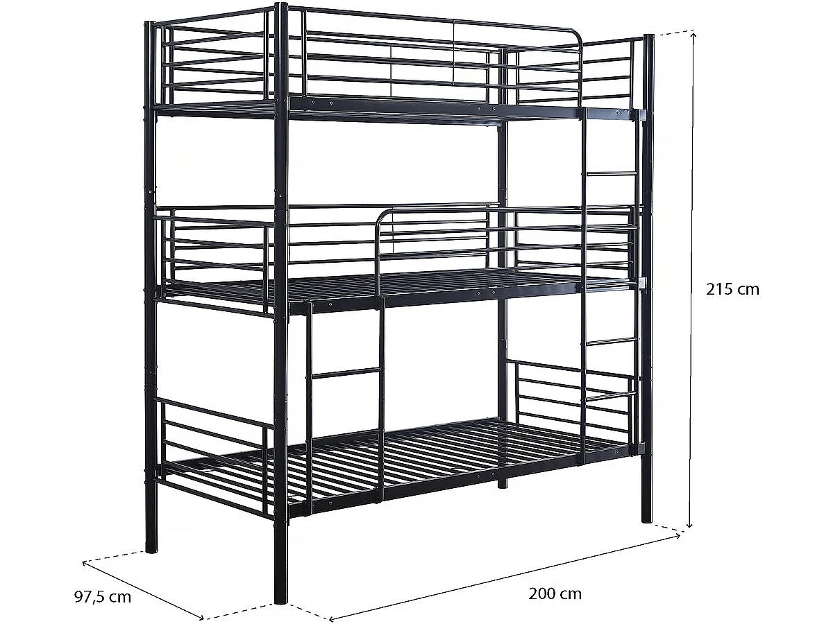 Stapelbed metaal 3 eenpersoonsbedden "HAVIN" - 90 x 190 cm - Zwart